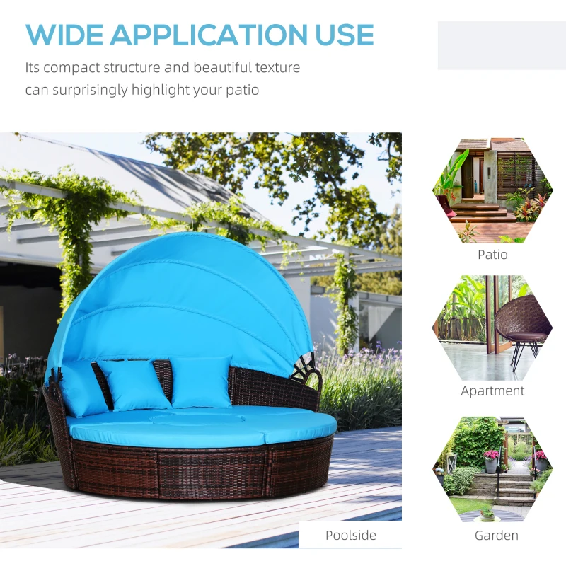 Outsunny 4-Piece Round Convertible Daybed with Cushions, Outdoor PE Rattan Patio Wicker Sofa Set, Sunbed with Adjustable Sun Canopy, Sectional Sofa, 2 Chairs, Table, 3 Pillows, Light Blue