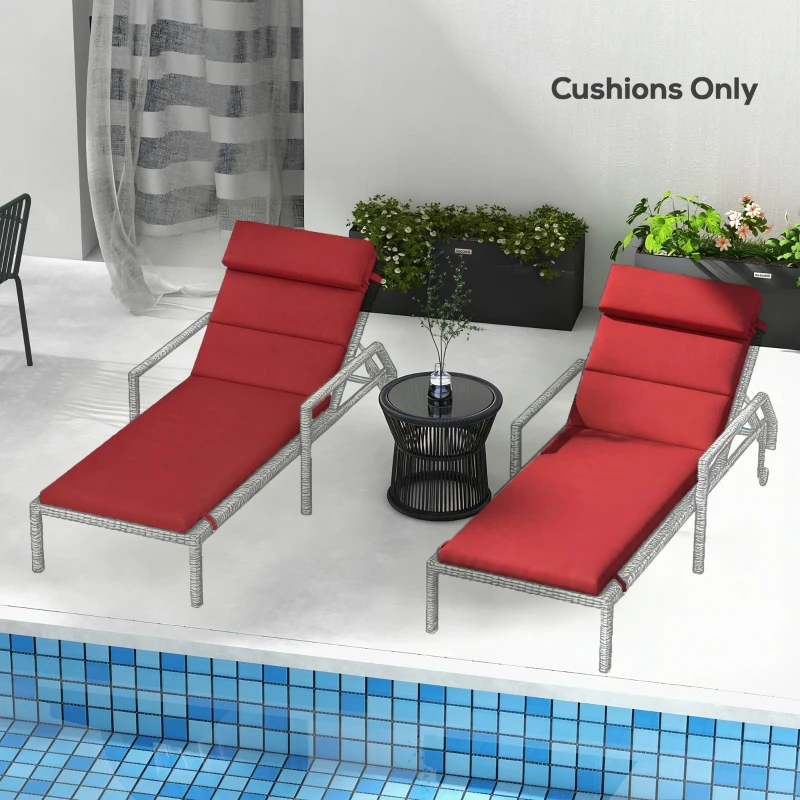 Outsunny Patio Chaise Lounge Chair Cushions Replacement Sun Lounger Pads with Headrest and Ties, Set of 2, Wine Red