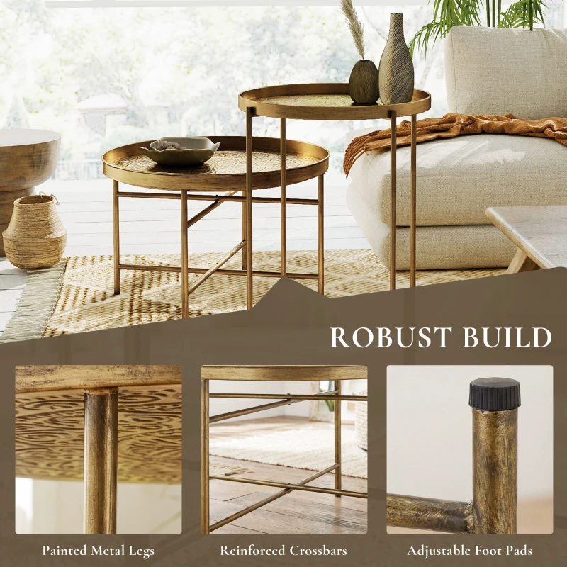 HOMCOM Coffee Table Set for Living Room, Round Center Table Set with Hammered Tray Top and Metal Frame for Bedroom, Gold