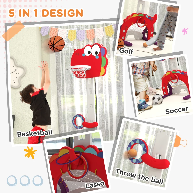 Qaba Adjustable Height 4.4-5 ft Kids Basketball Hoop, 5 in 1 Design, for Indoor Use, Red