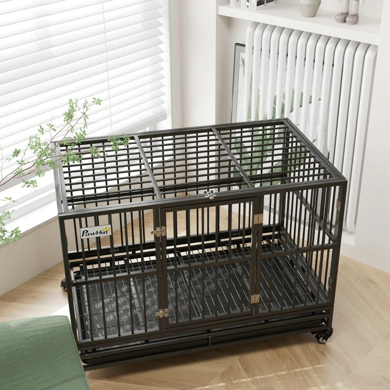 PawHut 48" Heavy Duty Dog Crate Metal Cage Kennel with Lockable Wheels, Double Door and Removable Tray, gray
