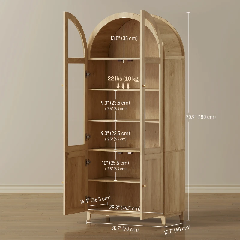 HOMCOM Arched Kitchen Pantry Cabinet, 71" Tall Farmhouse Kitchen Storage Cabinet with Acrylic Glass Doors, Oak