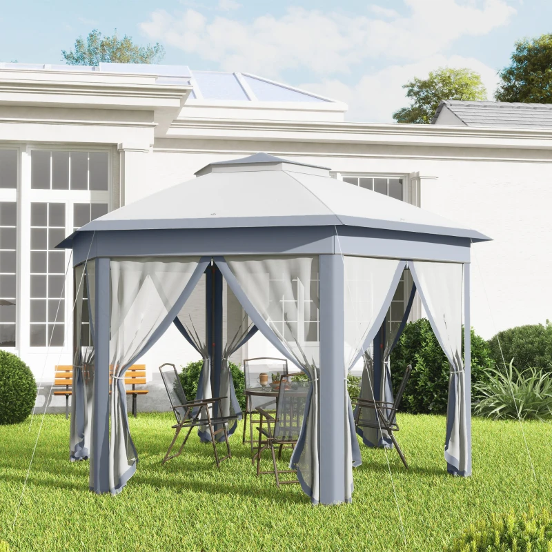 Outsunny 13' x 13' Pop Up Canopy Tent with Netting and Carry Bag, Instant Sun Shelter, Hexagon Tents for Parties, Outdoor, Garden, Patio, Grey