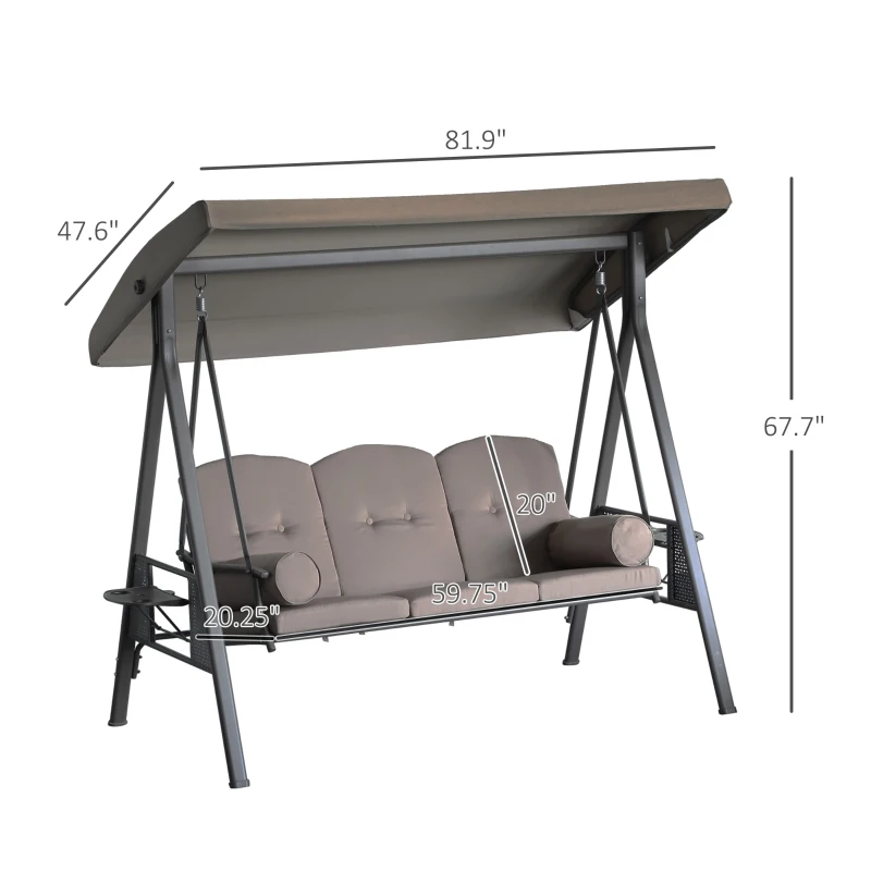 Outsunny 3-Seat Patio Swing Chair, Outdoor Porch Swing Glider with Adjustable Canopy, Removable Cushion, Brown