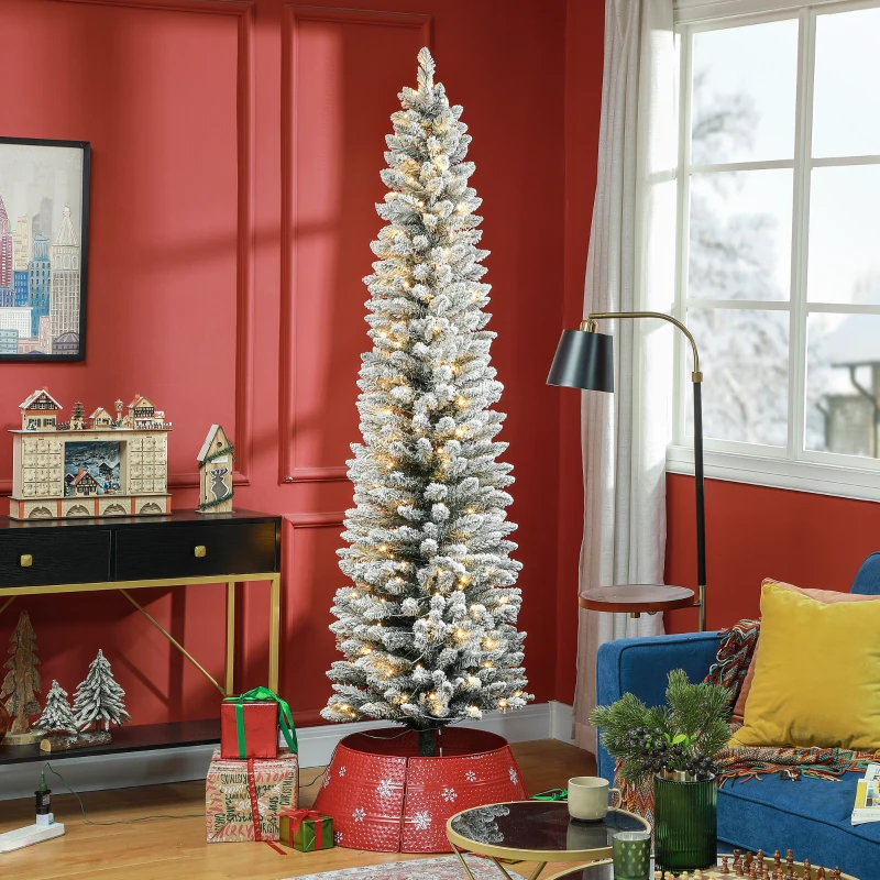 HOMCOM 7ft Artificial Prelit Christmas Tree with Warm White LED Light, Snow Flocked Branches, Metal Base, Pencil Xmas Tree