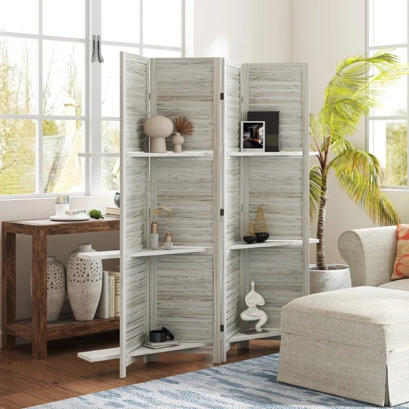 HOMCOM 4-Panel Wall Partition Room Separator with 3 Storage Shelves Foldable Design Wooden Frame 5.6FT Distressed White