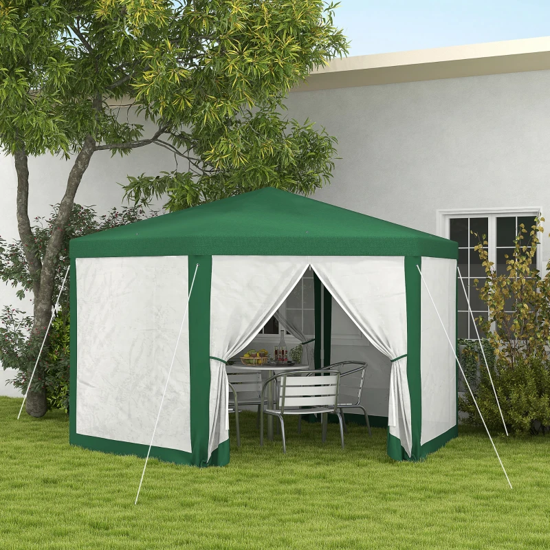 Outsunny 13' x 11' Outdoor Party Tent, Hexagon Sun Shade Shelter Canopy w/ Protective Mesh Sidewalls, Ropes & Stakes, Green