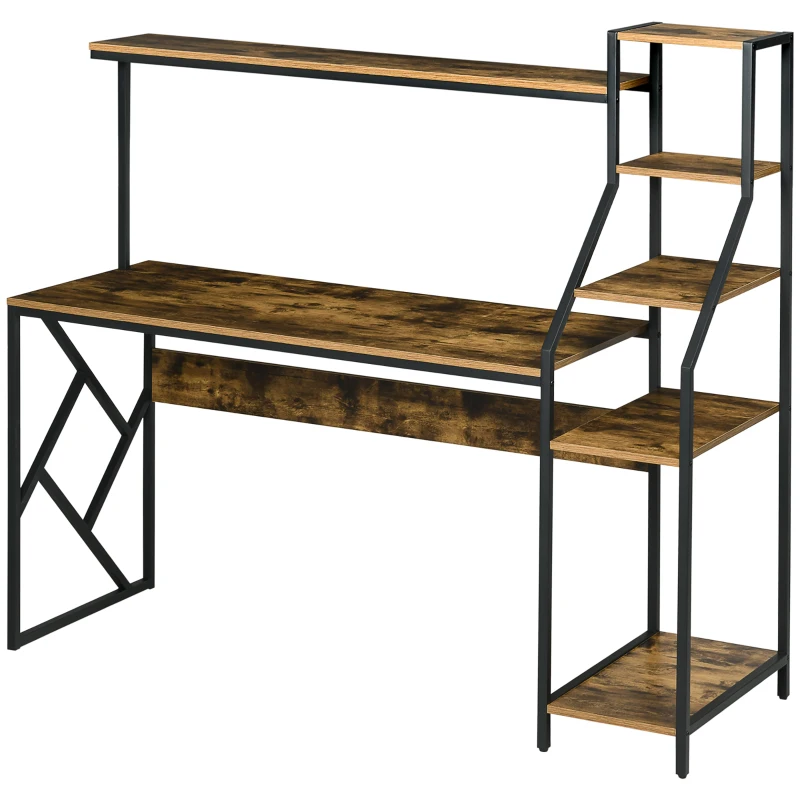HOMCOM 59" Computer Desk with Storage Shelves, Study Writing Table for Home Office, Industrial Modern Workstation, Rustic Brown