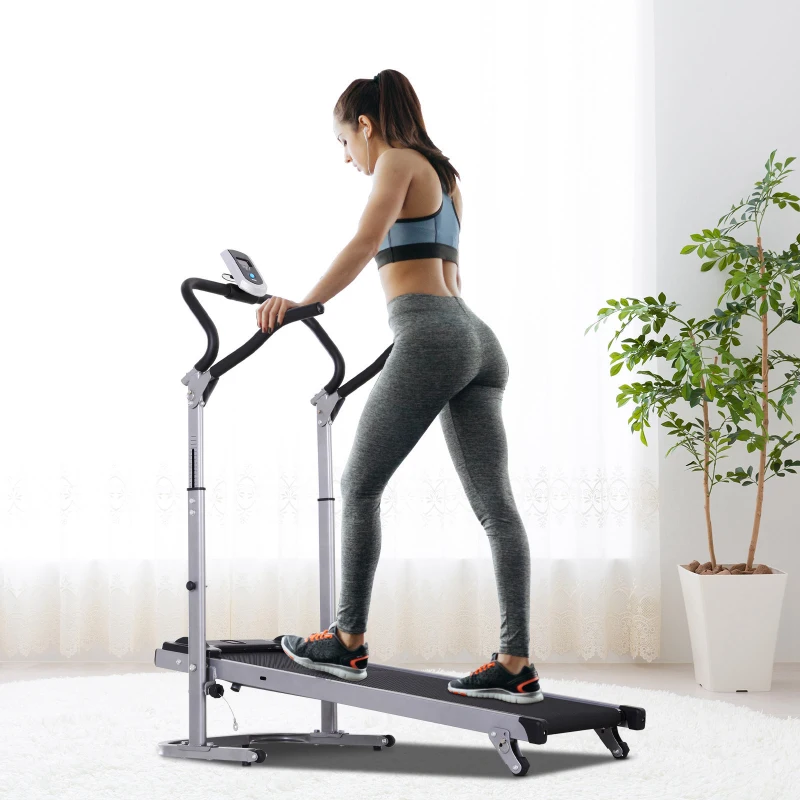 Soozier 2-in-1 Foldable Treadmill Walking Pad Manual Treadmill Machine Sit Up Bench with LCD Screen Home Exercise Fitness