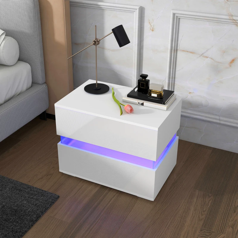 HOMCOM Modern Nightstand, Bedside Table with 2 Drawers, RGB LED Lights for Bedroom, White