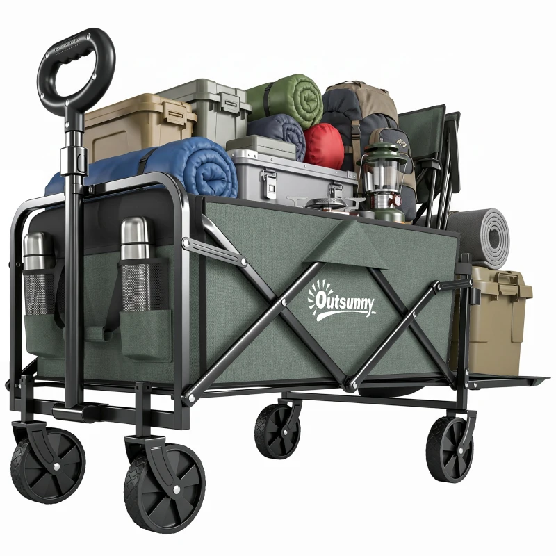 Outsunny Wagon Cart Foldable, Collapsible Wagon Cart with Removable Liner, Handle, Wheels, 72L & 198 LBS Capacity, Green