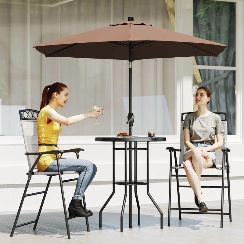 Outsunny 4 Piece Outdoor Bar Set with Umbrella, Patio Dining Set with 2 Folding Chairs, Wave Textured Tempered Glass Table, Beige
