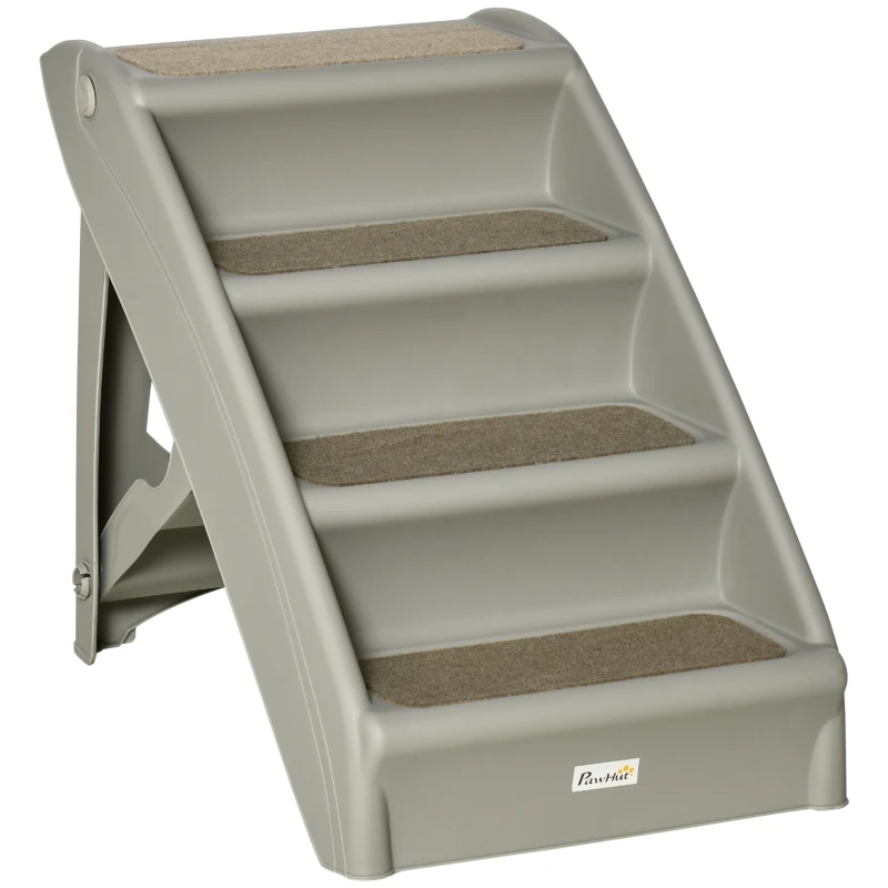 PawHut 4-Level Portable Dog Stairs, Foldable Dog Steps for Small Dogs, Lightweight Cat Steps, with Nonslip Soft Mats, for High Bed, Sofa, Grey