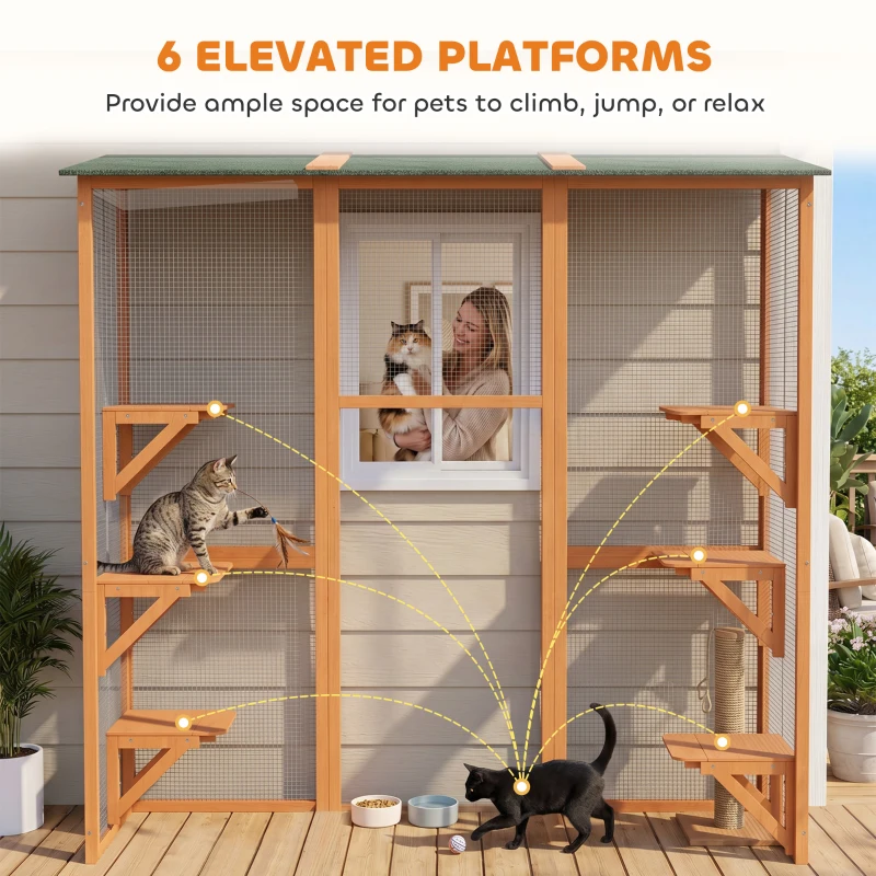 PawHut 71" x 39" x 71" Cat Cage, Large Outdoor Wooden Cat Patio with 6 Balanced Platforms and Asphalt Roof, Orange