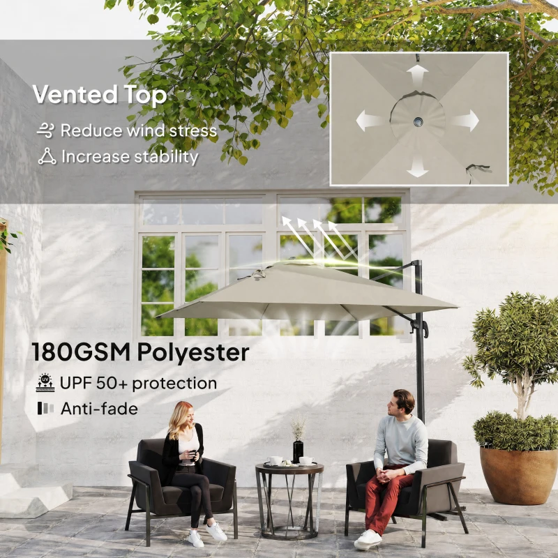 Outsunny 8 FT Aluminium Cantilever Patio Umbrella with 360° Rotation, Cross Base, Crank and Tilt for Garden, Patio, Light Grey