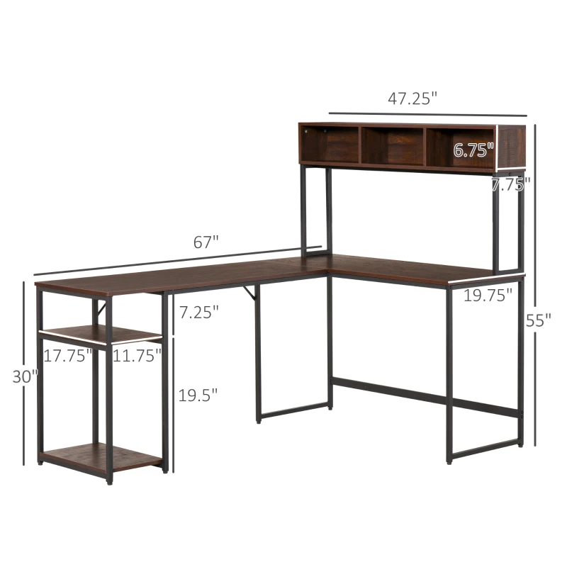 HOMCOM L-Shaped Home Office Desk with Bottom Tower Shelf, 3 Cube Shelves, Computer Writing Desk with Metal Frame, Walnut Brown
