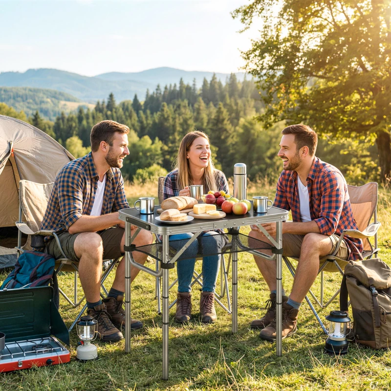 Outsunny 2ft Folding Camping Table, Picnic Table with Mesh Storage Layer, 4 Adjustable Heights and Carrying Handle, Black
