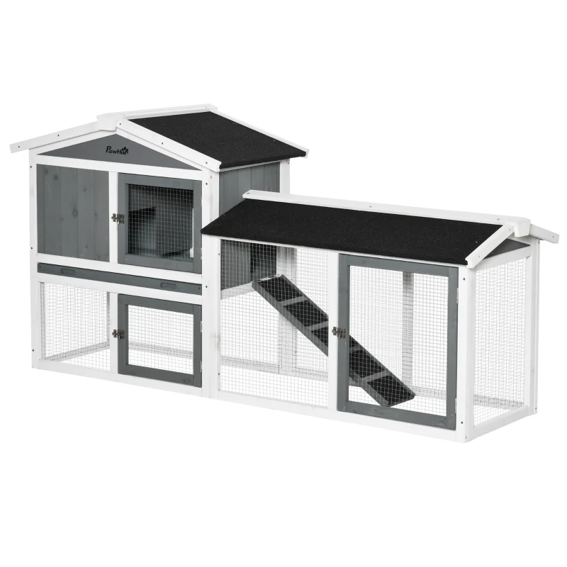 PawHut Wooden Rabbit Hutch with Run, Tray, Ramp for 1-3 Rabbits, Guinea Pigs, White