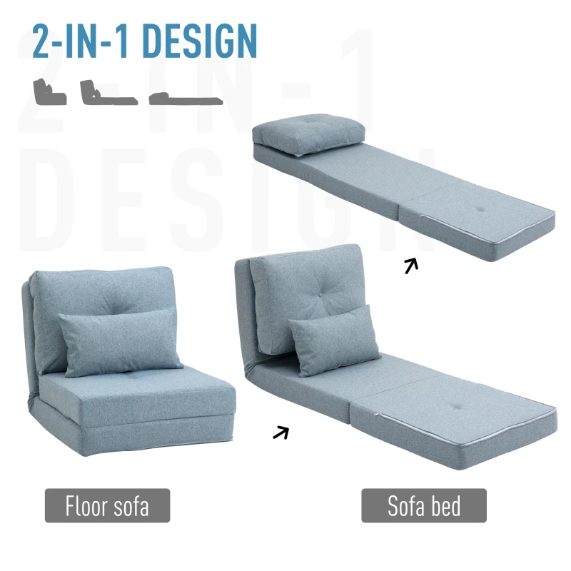 HOMCOM Folding Sofa Bed, Convertible Sleeper Chair with Adjustable Backrest, Metal Frame and Pillow, Upholstered Chair Bed Floor Sofa for Living Room Bedroom, Blue