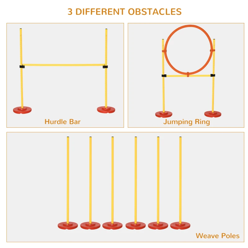 PawHut 3PCs Portable Pet Agility Training Obstacle Set for Dogs w/ Adjustable Weave Pole, Jumping Ring