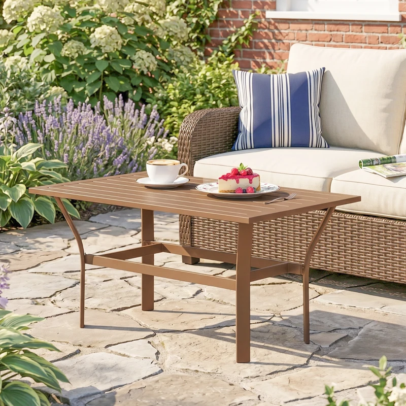 Outsunny Outdoor Coffee Table with Slatted Tabletop, All-Weather Rectangle Metal Patio Coffee Table for Garden, Brown
