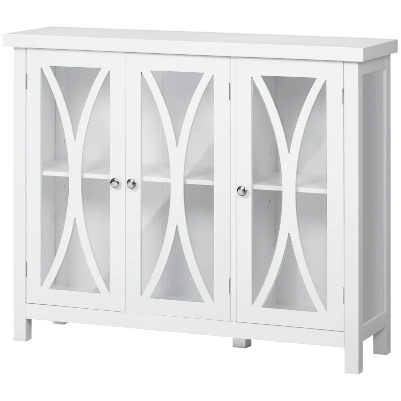 HOMCOM Sideboard, Buffet Cabinet with 3 Tempered Glass Doors, Arc Pattern and Adjustable Storage Shelf, Credenza, White