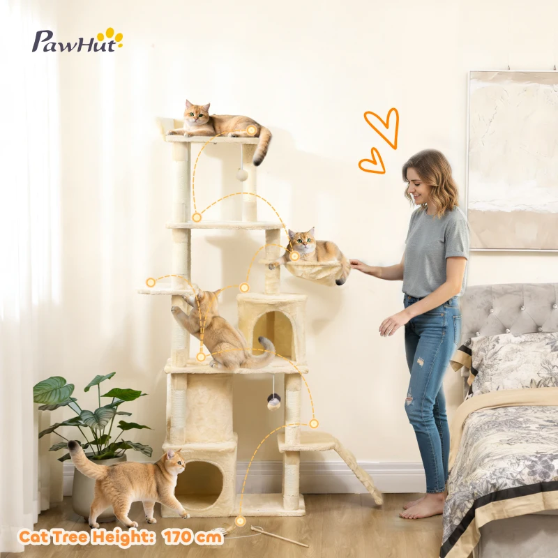 PawHut 67" Large Cat Tree with 7 Scratching Posts, Tunnel, 2 Condos, Hammock, Perch, Ramp, Pompoms, Beige