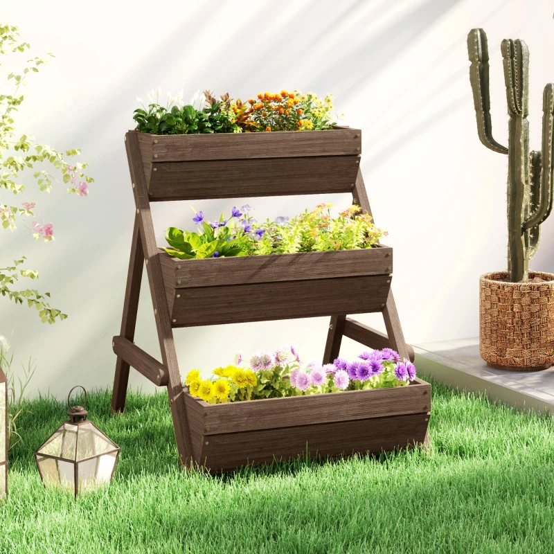 Outsunny 3 Tier Elevated Planter Box, Vertical Wooden Raised Garden Bed for Flowers, Vegetables, 26" x 30" x 30", Carbonized