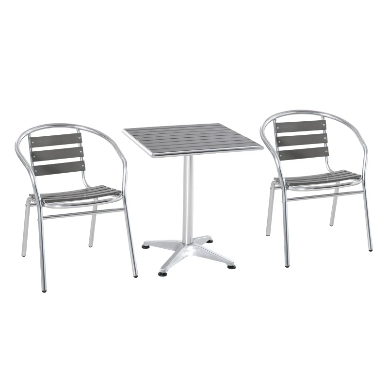 Outsunny 3-Piece Outdoor Patio Bistro Table Set with Aluminum Frame, Woodgrain-Style Tabletop & Draining Slat Design