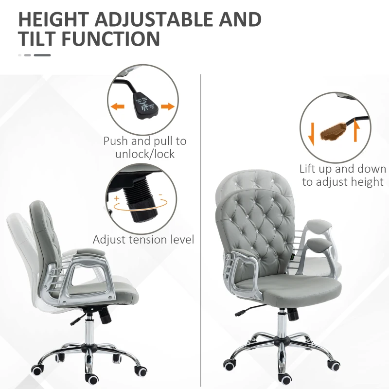 Vinsetto Button Tufted Desk Chair, Home Office Chair with Padded Armrests, Adjustable Height and Swivel Wheels, Gray