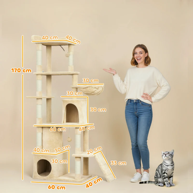 PawHut 67" Large Cat Tree with 7 Scratching Posts, Tunnel, 2 Condos, Hammock, Perch, Ramp, Pompoms, Beige
