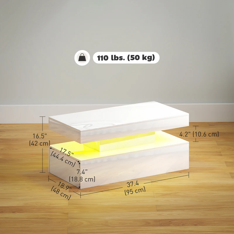 HOMCOM LED Coffee Table, Living Room Table with 2 Drawers and Open Shelf, High Gloss White