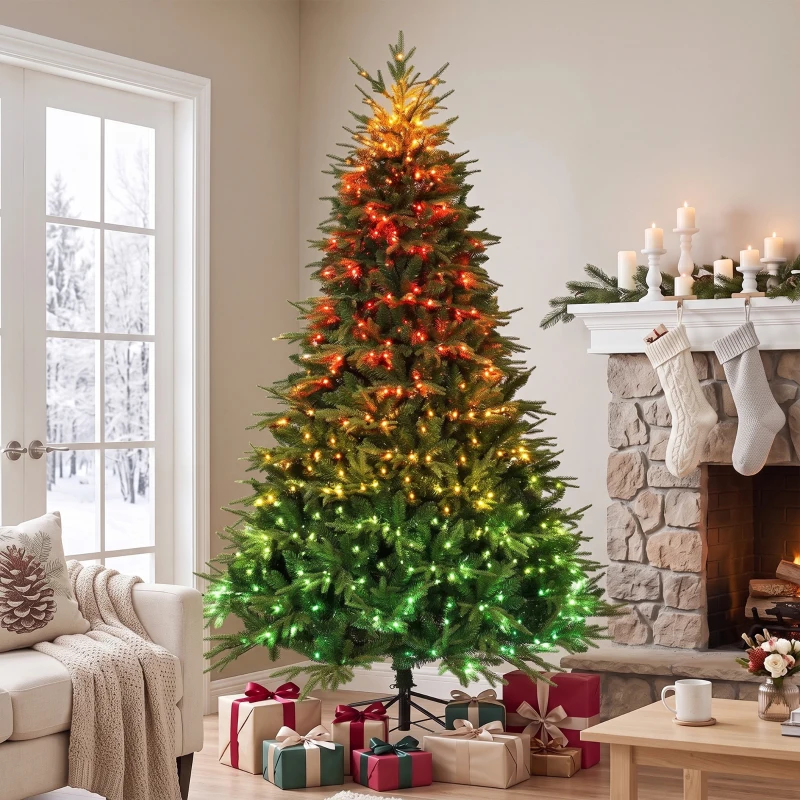 HOMCOM 7.5ft Christmas Tree with Synchronized LEDs, DIY Function, Frasier Grande Fir with Hinge Design, Remote, Daily Timer