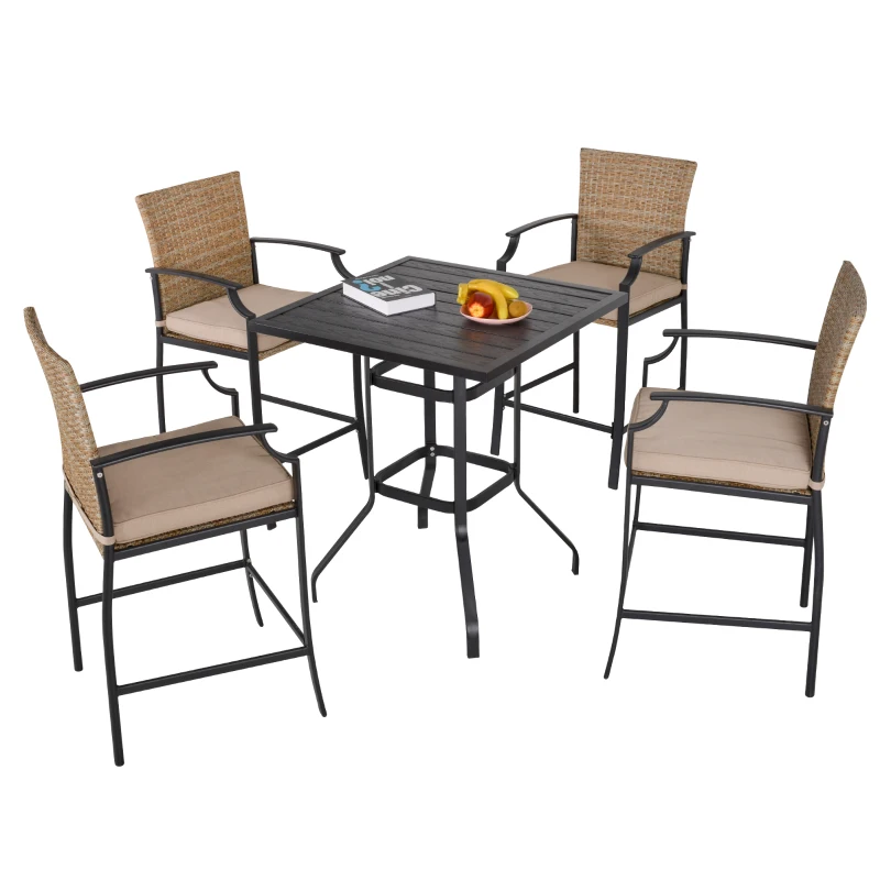 Outsunny 5-Piece Rattan Bar Table and 4 Chairs with Padded Cushions, Mixed Brown