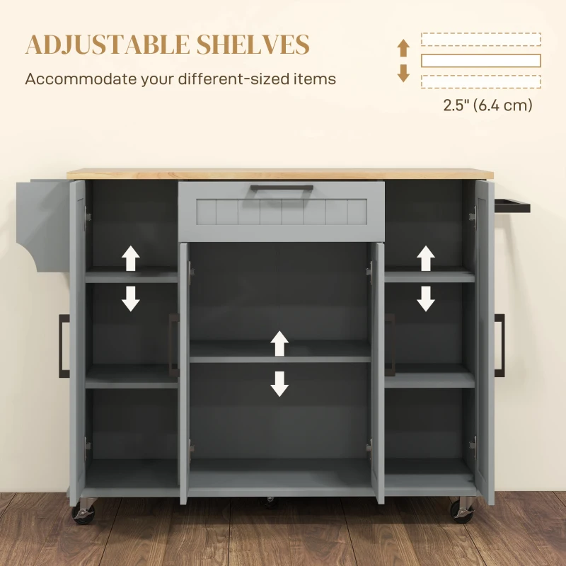 HOMCOM Modern Rolling Kitchen Island Cart with Drawers, Natural Wood Top, Towel Rack, Door Storage Cabinet, Grey