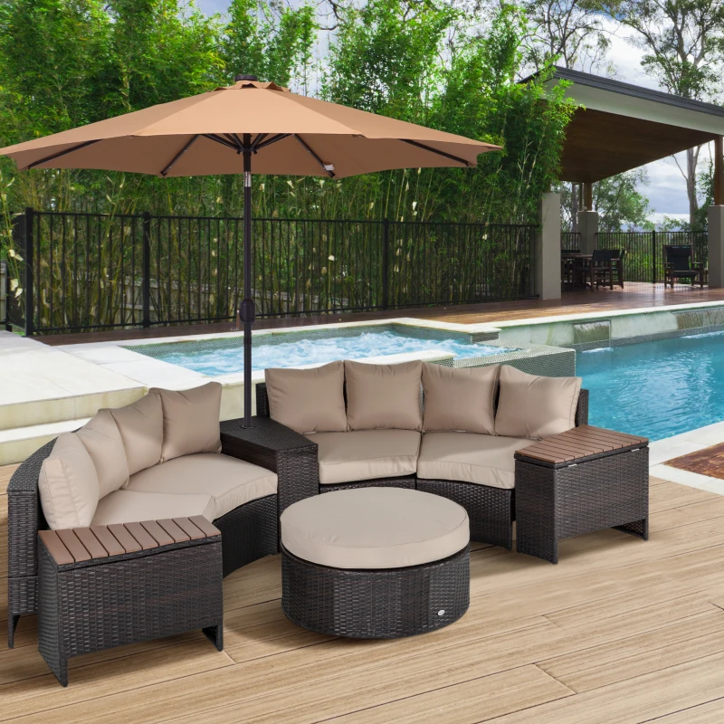 Outsunny 8 Piece Outdoor Rattan Sofa, Half Round Patio Furniture Set with Side Tables, Umbrella Hole, and Cushions, Mixed Brown and Beige