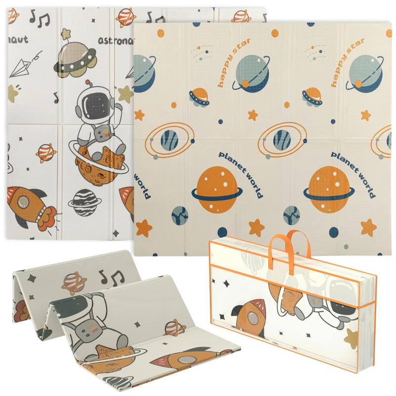 Qaba Foldable Baby Plat Mat, 77" x 69" Kids Floor Mat for Crawling and Learning, Astronaut & Planet Theme