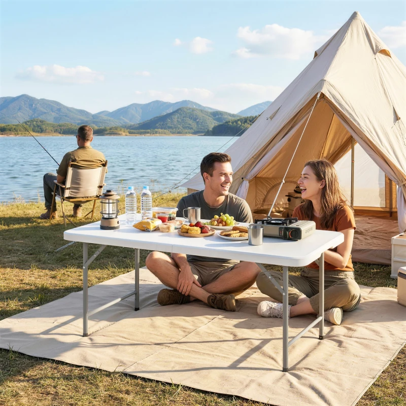 Outsunny 47" x 24" Folding Camping Table, Picnic Table with 2 Adjustable Heights and Carrying Handle, Indoor Outdoor Use, White