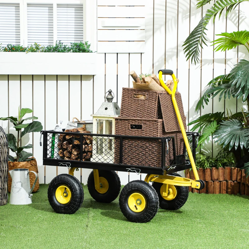 Outsunny Steel Garden Cart, Utility Wagon with Removable Sides, 10" Wheels, 180° Rotating Handle, 440lbs Capatity