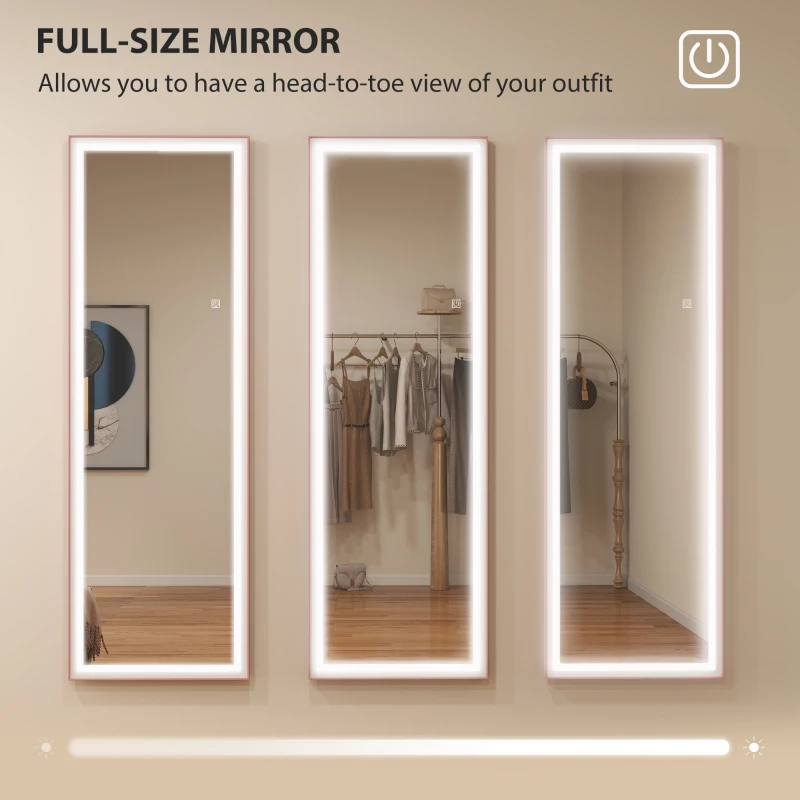 HOMCOM LED Mirror with Dimmable and 3 Colour Lights, 64" x 21" Rectangular Floor Mirror for Bedroom Living Room, Pink
