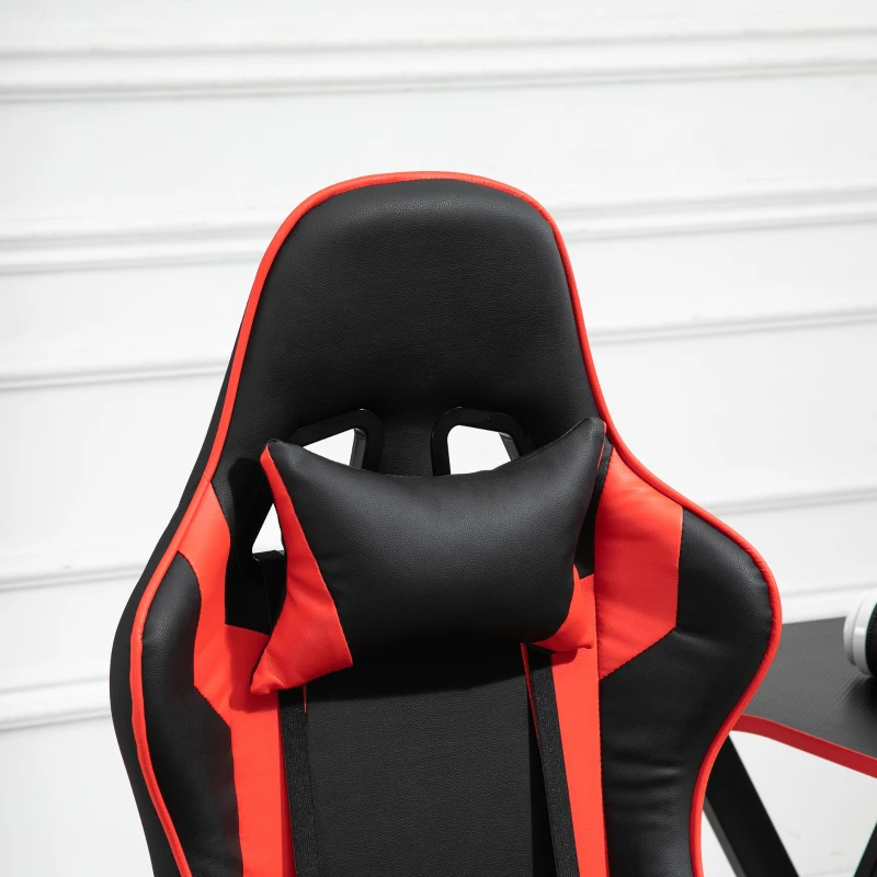 Vinsetto High Back Gaming Chair, PU Leather Racing Style Gamer Computer Chair with Retractable Footrest with Lumbar Support, Pillow and Adjustable Padded Armrests, Red