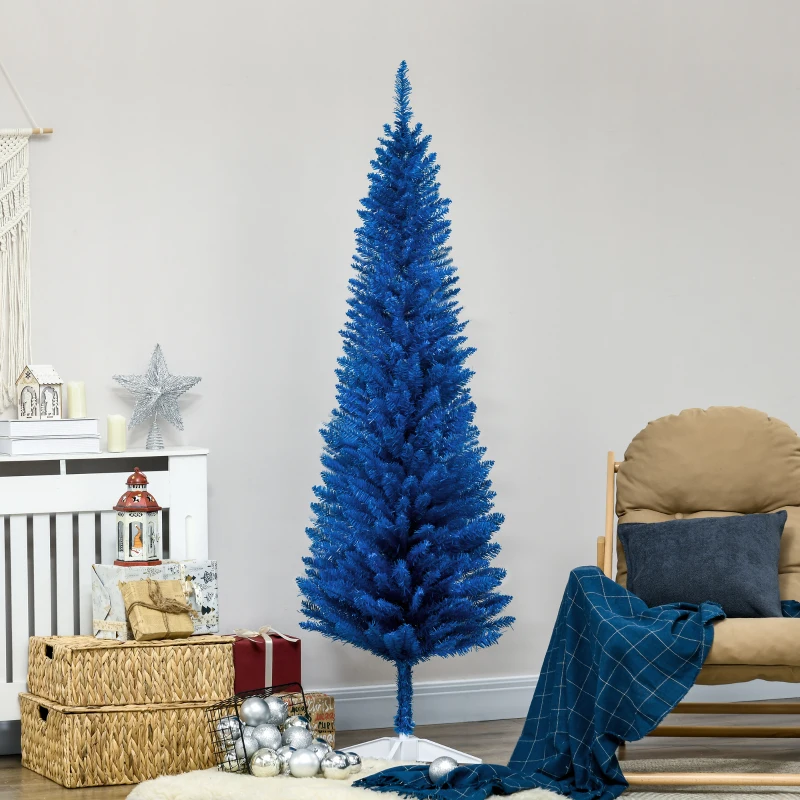 HOMCOM 6FT Decorated Christmas Tree, Pencil Christmas Tree with 390 Realistic Branch Tips and Plastic Stand, Blue