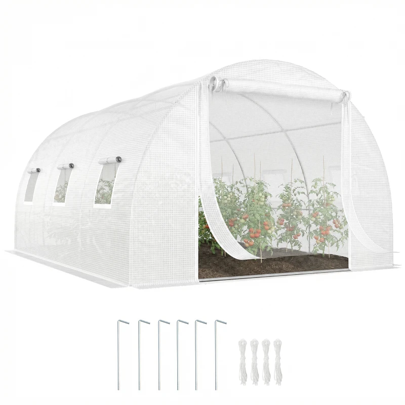 Outsunny Walk-in Tunnel Greenhouse, Plant Hot House w/ Support Rods, Roll-up Mesh Door, Mesh Windows, 13'x9.8'x6.6', White