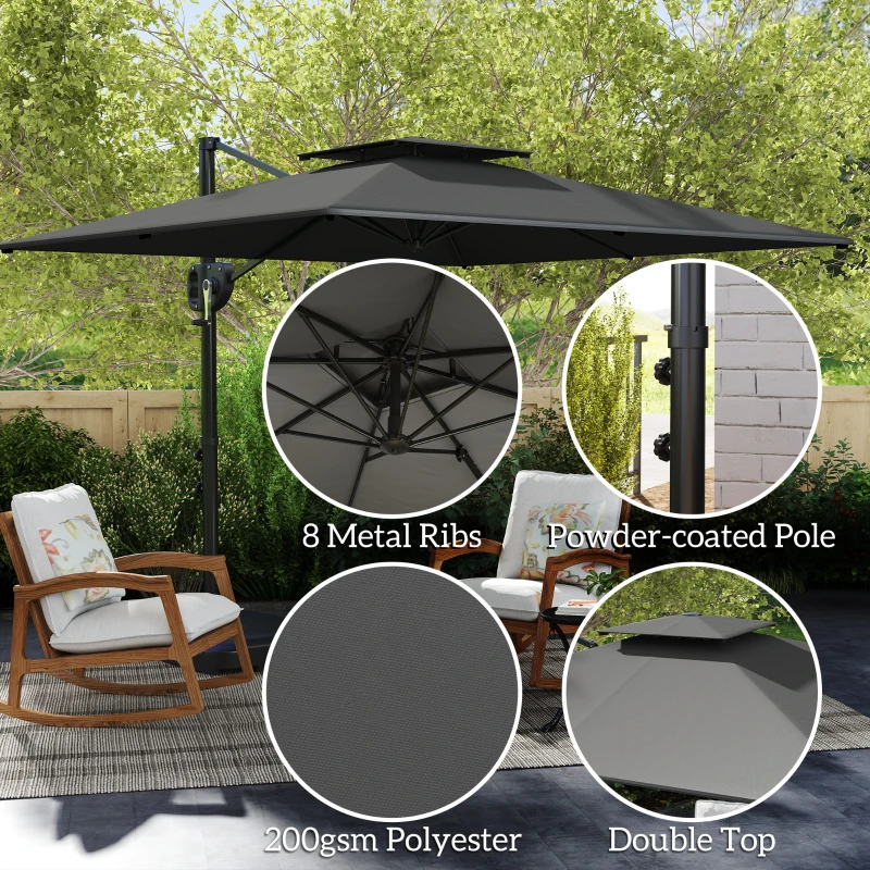 Outsunny Square Cantilever Patio Umbrella, Double Top Patio Hanging Offset Umbrella with Crank & Tilt, 8' x 9', Dark Grey