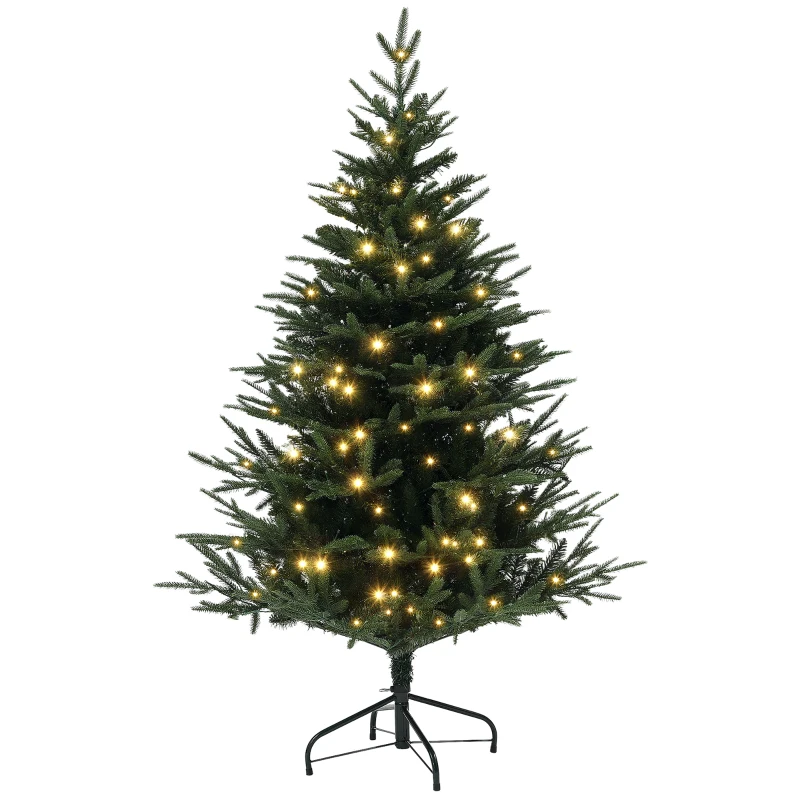 HOMCOM 5ft Prelit Artificial Christmas Tree with 542 Tips, Warm White LED Lights, Steel Base, Hinged Xmas Tree, Auto Open