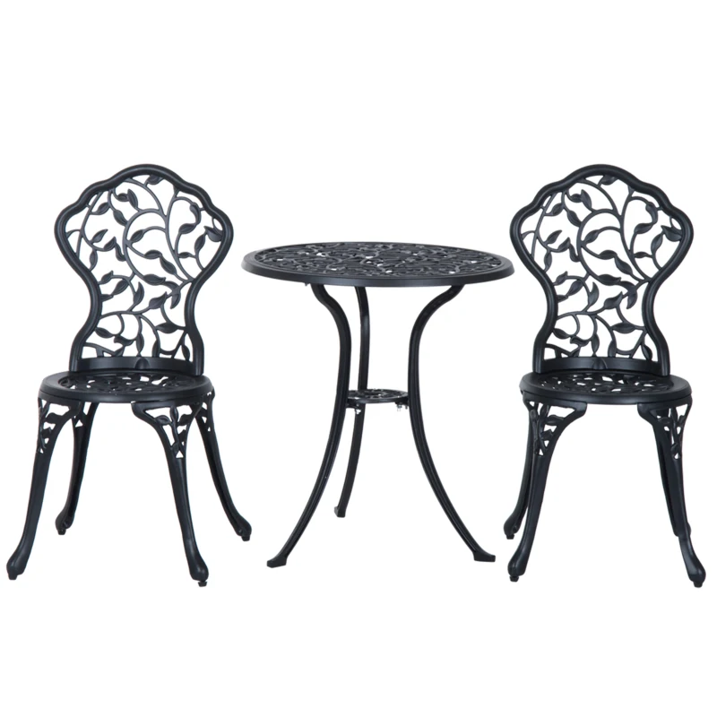 Outsunny 3 Pieces Bistro Set, Patio Table and Chairs with Cast Aluminum Frame for Garden, Balcony, Porch, Black