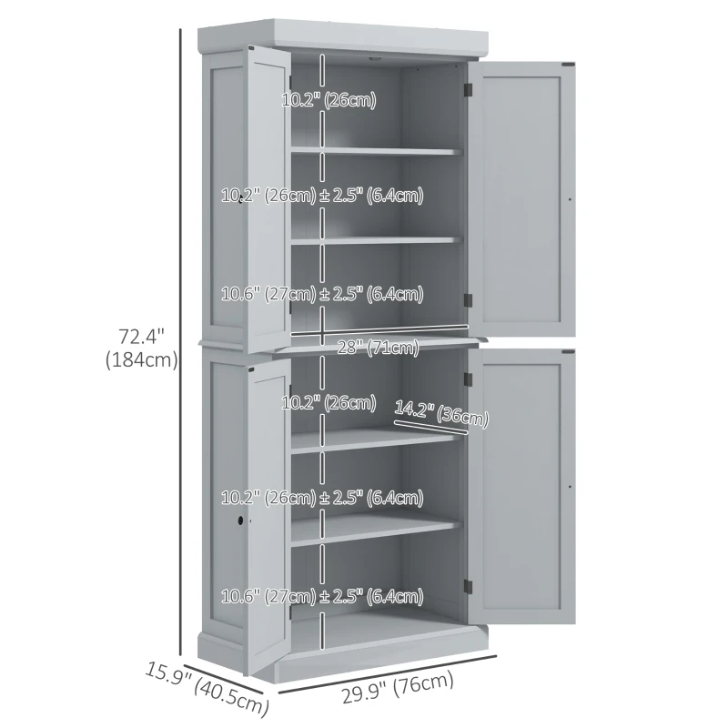 HOMCOM 72.5" Freestanding Kitchen Pantry Cabinet with 4 Doors, Grey
