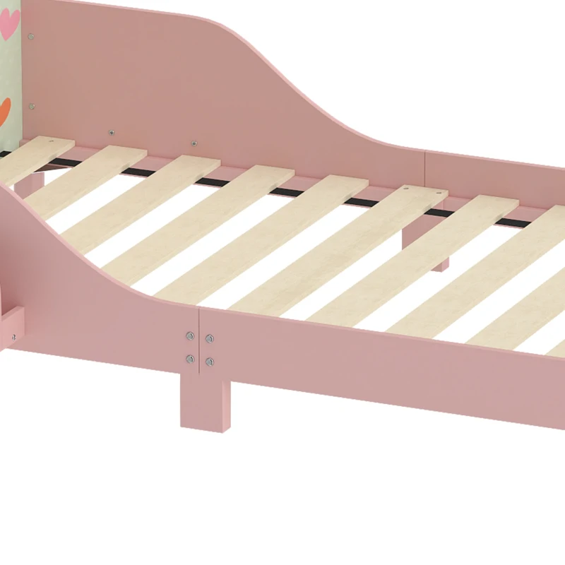 Qaba Toddler Bed with Bedside Storage and Guard Rails, Montessori Bed for Ages 3-8, Fits 132x70x10cm Mattress, Pink Fox Print