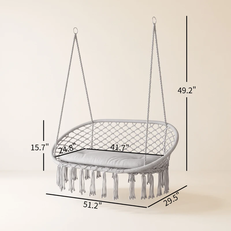 Outsunny 2-Person Hammock Chair Macrame Swing with Soft Cushion, Hanging Cotton Rope Chair for Indoor Outdoor Home Patio Backyard, Light Gray