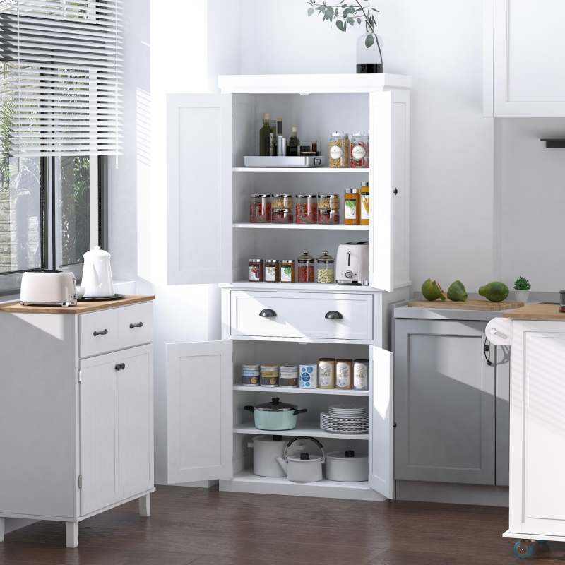 HOMCOM 72.5" Kitchen Pantry Cabinet, Traditional Freestanding Storage Cabinet with 4 Doors, Drawer and 3 Adjustable Shelves for Dining Room, White